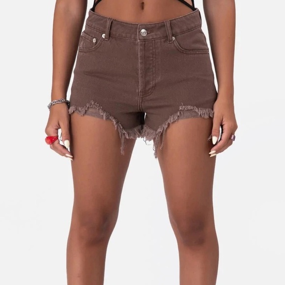 Adika Brown Truffle Cotton Button up Fringed denim Shorts Size Large/32‎ EUC - Picture 1 of 10